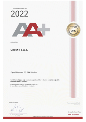 Prejeli smo certifikat bonitete odličnosti AA+